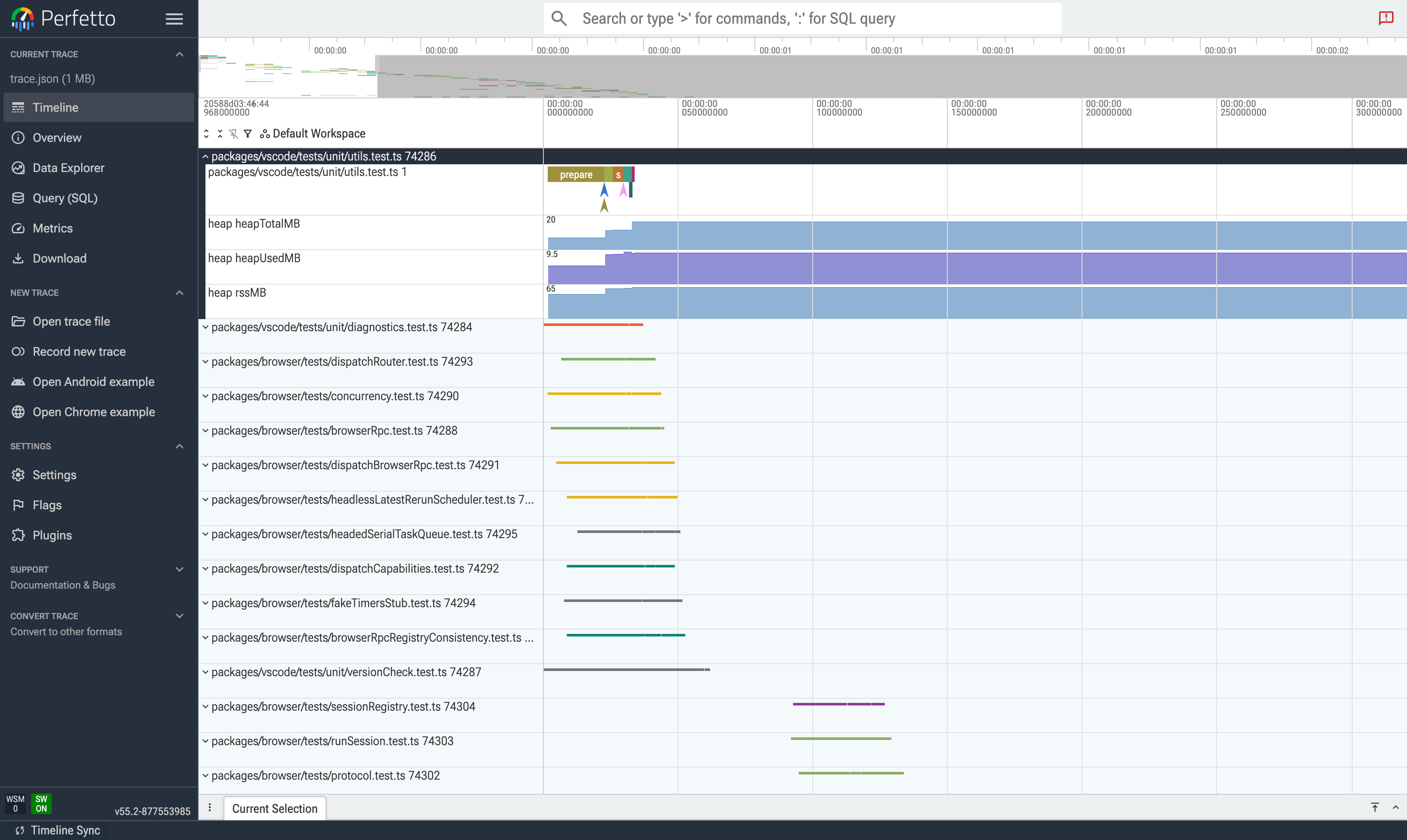 Perfetto UI showing the trace produced by running npx rstest --trace inside the rstest repository